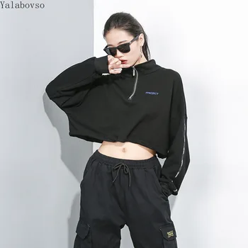 

Hip Hop Streetwear Black Tees 2020 Autumn Clothes New Zipper High Collar Hoodies Female Black Coat Short Hoodies For Women A71Z4