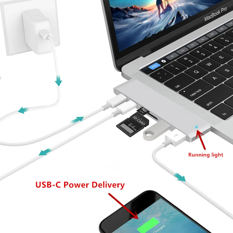 Концентратор для смартфонов type-C USB 3,0 с несколькими интерфейсами type-C PD Высокоскоростная зарядка для адаптера MacBook Pro Air huawei P20 Pro