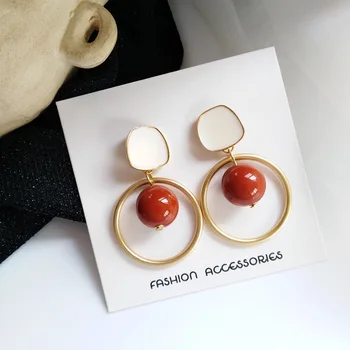 

S925 Silver Retro Simple Earrings Red Circle-Geometry Earrings South Korea Elegant South Korea Versatile Ear Stud 206