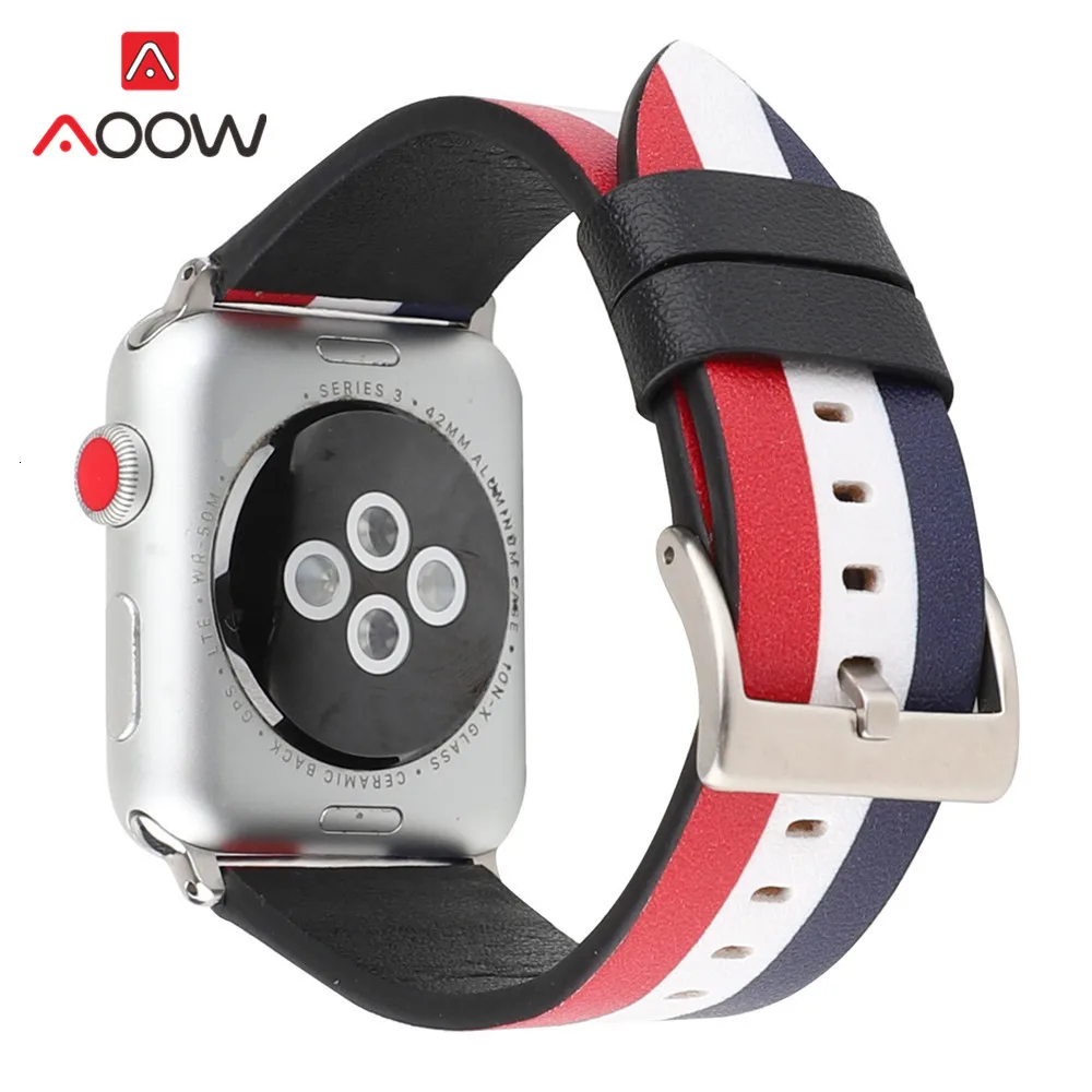 Кожаный ремешок для Apple Watch 38mm 42 мм 40 44 полосатый флаг синий Для мужчин Для женщин запасной браслет ремешок Ремешок для iwatch 1 2 3 4