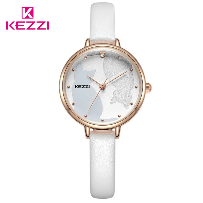 

Kezzi Ladies White Cat Dress Watch For Women Leather Waterproof Quartz Watches Female Girl Simple Dial Wristwatch 2019 New