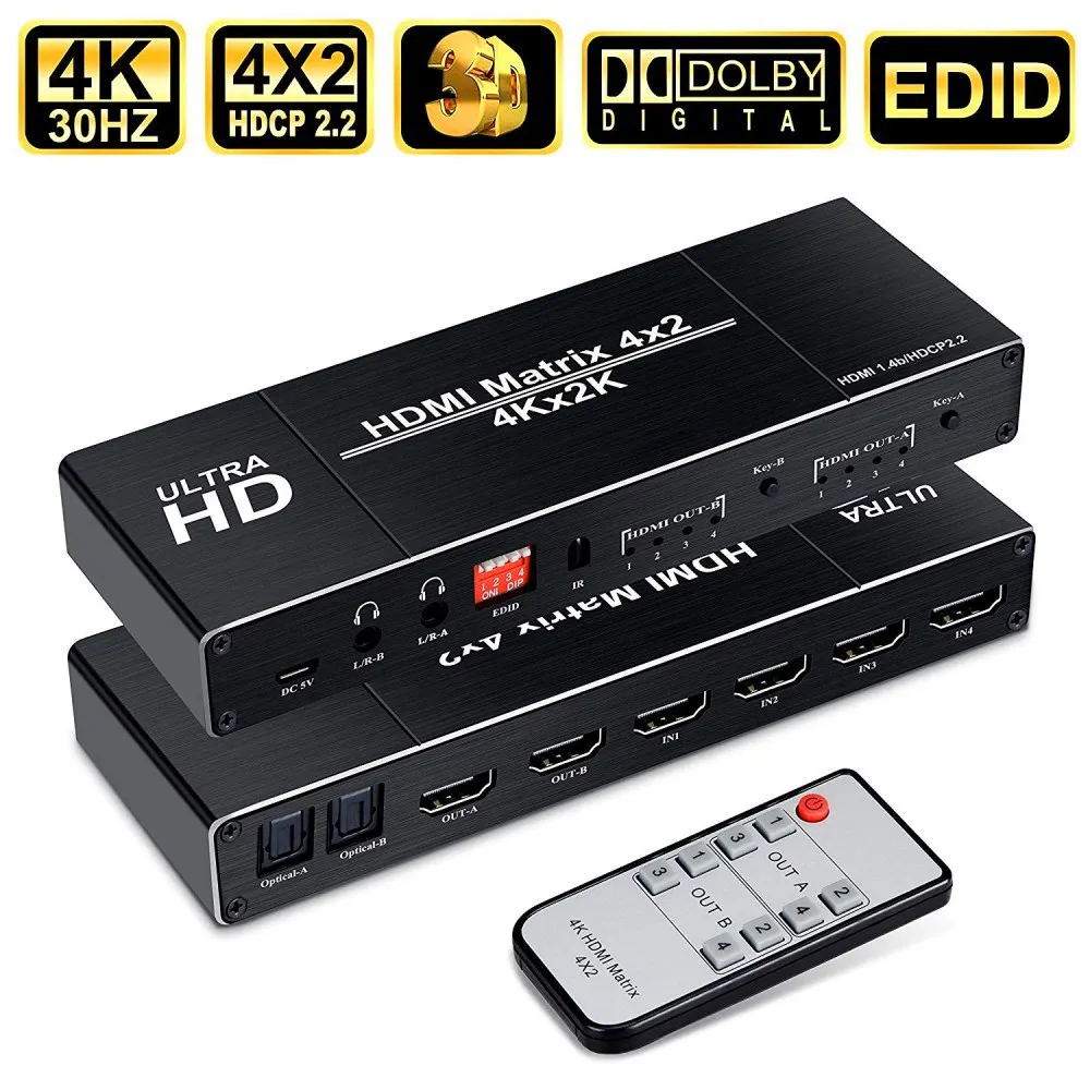 HDMI матрица 4x2 hdmi аудио экстрактор 4 k@ 30 Гц hdmi разветвитель с SPDIF и L/R 3,5 мм HDMI 1.4b переключатель Поддержка HDCP 2,2 3D