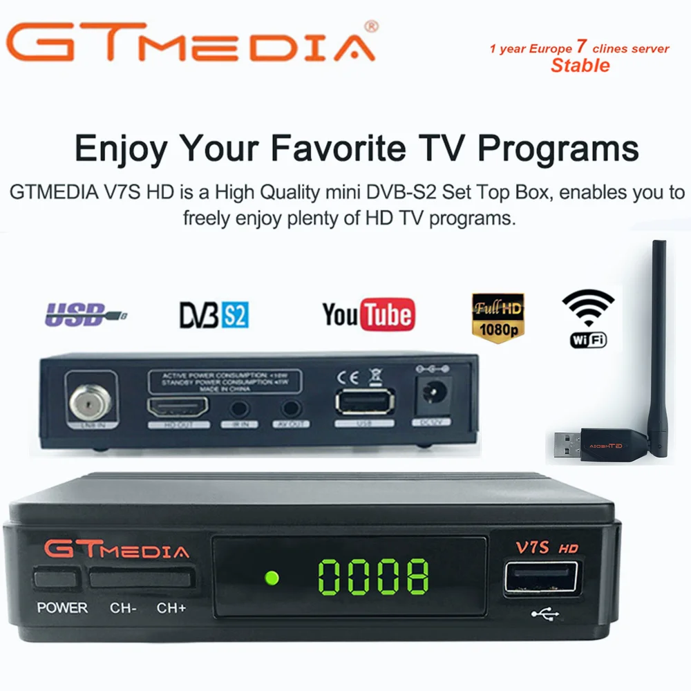 Обновленный цифровой спутниковый ТВ-ресивер V7 Full 1080P DVB-S2 V7S HD+ USB Wi-Fi с 1 год Европы clines декодер тв-приставка