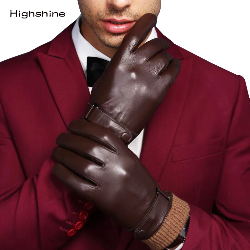 Men's Genuine Leather Gloves Real Sheepskin Black Touch Screen Gloves Fashion Brand Winter Warm Mittens New