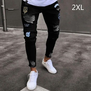 

Fashion Men Solid Ripped Skinny Biker Zipper Fly Jeans Destroyed Hole Frayed Slim Fit Denim Pencil Pants