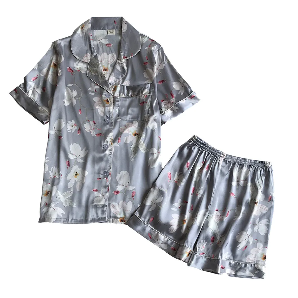KANCOOLD печать короткий рукав шелк ComforblePajamas комплект Двойка комплект Пижама, пикантная сорочка для Для женщин спальный горячий сет - Цвет: GY