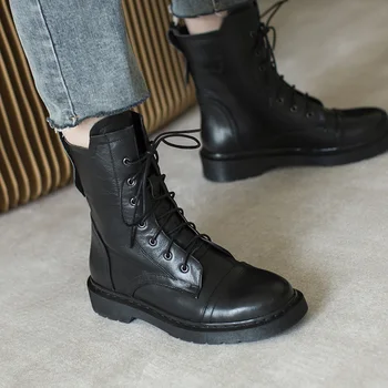 

MORDOAN Genuine leather Martin boots women's platform single boots British style lace-up round toe flat ankle boots women