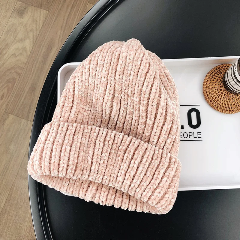 WELROG, одноцветные вязаные шенилловые шапки Skullies, дизайн, модные зимние теплые мягкие шапки-бини для женщин, Шапка-бини, Шапка-бини - Цвет: Розовый