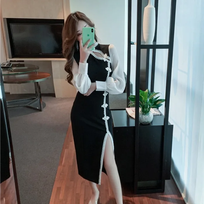 Moda feminina, женская одежда, платья для девушек, винтажный стиль, осень, пэтчворк, Империя, стоячий вырез, узкое, до колен, на пуговицах