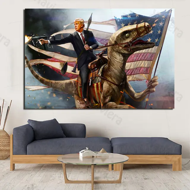 President Donald Trump Shooting Gun Canvas Painting American Flag Dinosaur Picture Modern Home Decor Living Room Wall Art Poster 3
