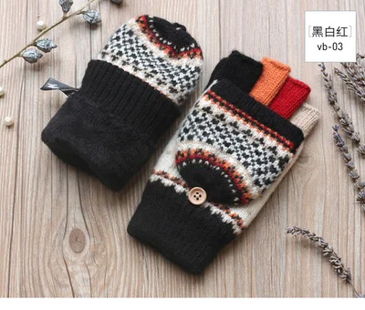 vb03 black white Зимние перчатки женские вязаные рукавицы теплые перчатки без пальцев шерсть плюс бархат утолщение теплые открытые перчатки зимние женские перчатки - Цвет: vb03 black white