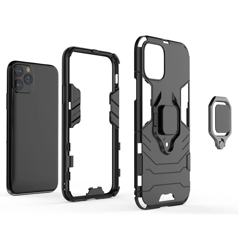 100 шт Броня противоударный Прочный ПК+ Мягкий силиконовый чехол для iPhone 11 Pro Max XS XR X 8 7 6 6S Plus чехол с держателем кольцо полное покрытие
