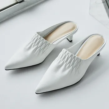 

Women's genuine leather high heel slip-on slides pointed toe elegant ladies summer mules high quality female footwear shoes sale