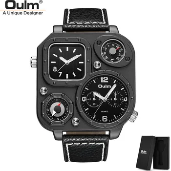 

Oulm HP1169 Black Classic Sport Watches Two Time Zone Men's Quartz Wristwatches Decorative Compass Casual Leather Male Watch