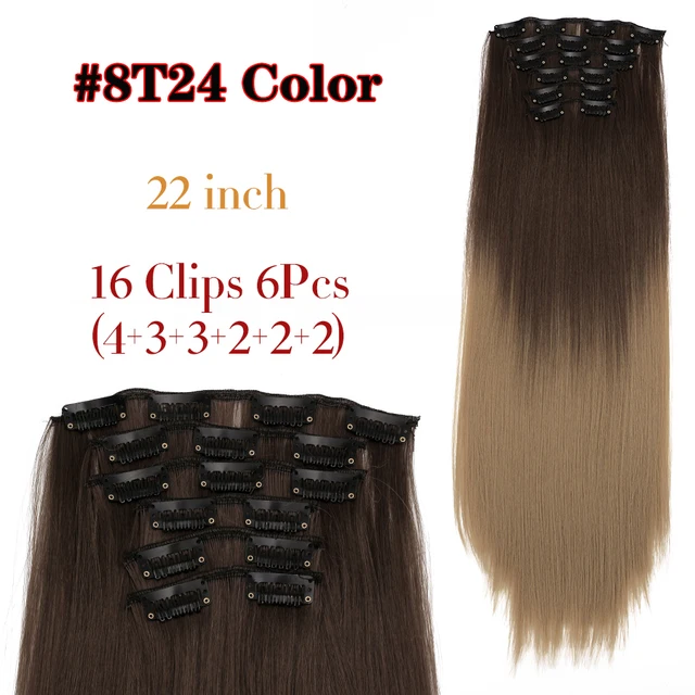 Synthetic 6H/613# Clip In On Hair Extensions 6Pcs/Set 16 Clips Hair Extension Full Head 55Cm Straight Synthetic Fiber Hairpieces 8T24