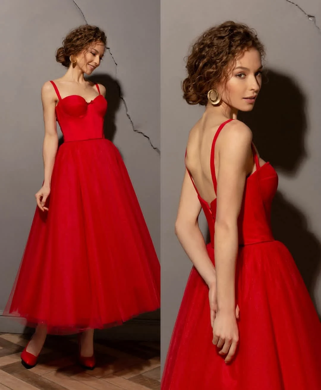 

Elegant Short Red Muslim Evening Dresses Spaghetti Corset Back Tea Length Tulle Abendkleid Robes de Soirée for Women