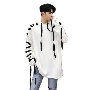 

Autumn winter men stringing ribbons punk hip hop hoodie oversize sweatshirts men harajuku stripe japanese streetwear hoody