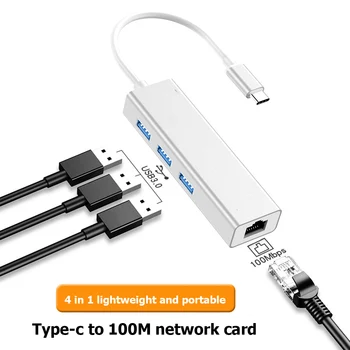 

Type-C 5Gbps 3 Ports USB Hub Network Card Adapter Hub RJ45 10/100Mbps Ethernet Converter Adapter for Windows Mac OS Linux Vista