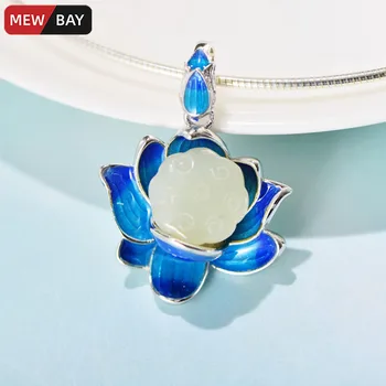 

S925 Sterling Silver Natural Nephrite Women Pendants Retro Lotus Ethnic Buddhism Jade Pendant Chinoiserie Blue Flower Jewelry