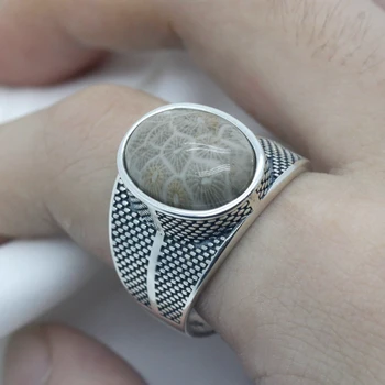 

Real 925 Sterling Silver Men's Ring with Big Natural Coral Stone Vintage Punk Male Women Ring Antique Silver Turkey Jewelry Gift
