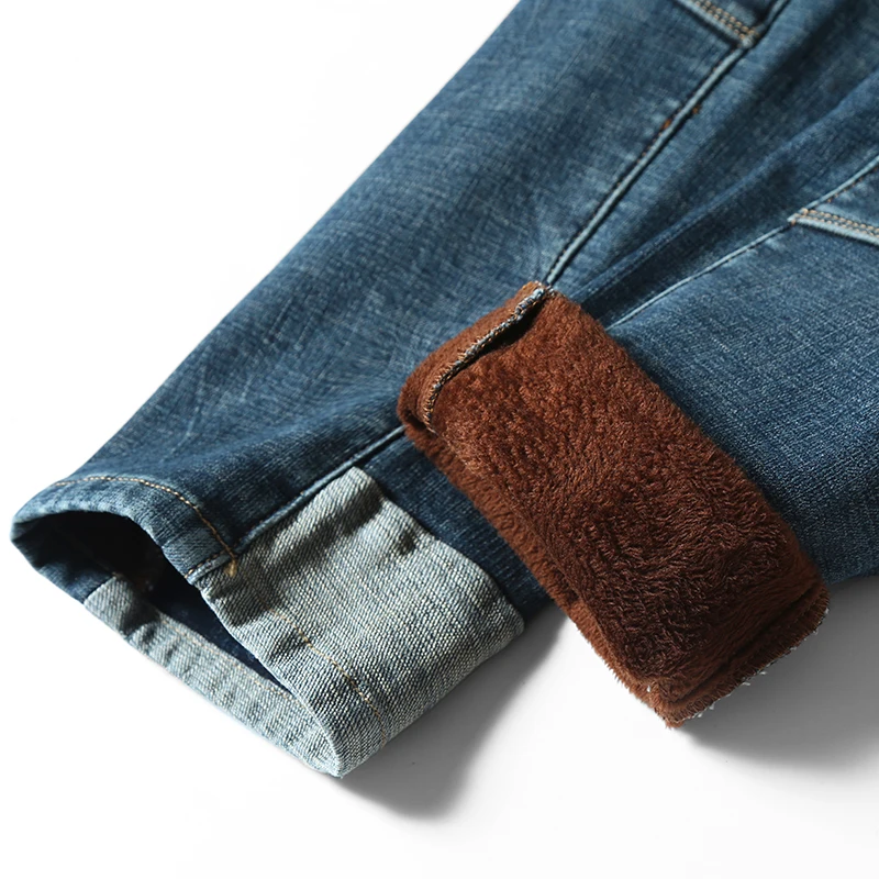 Winter Warm Jeans Men Fleece Lined Jeans Harem Pants Thicken Elastic Loose Fit Blue Pants Male