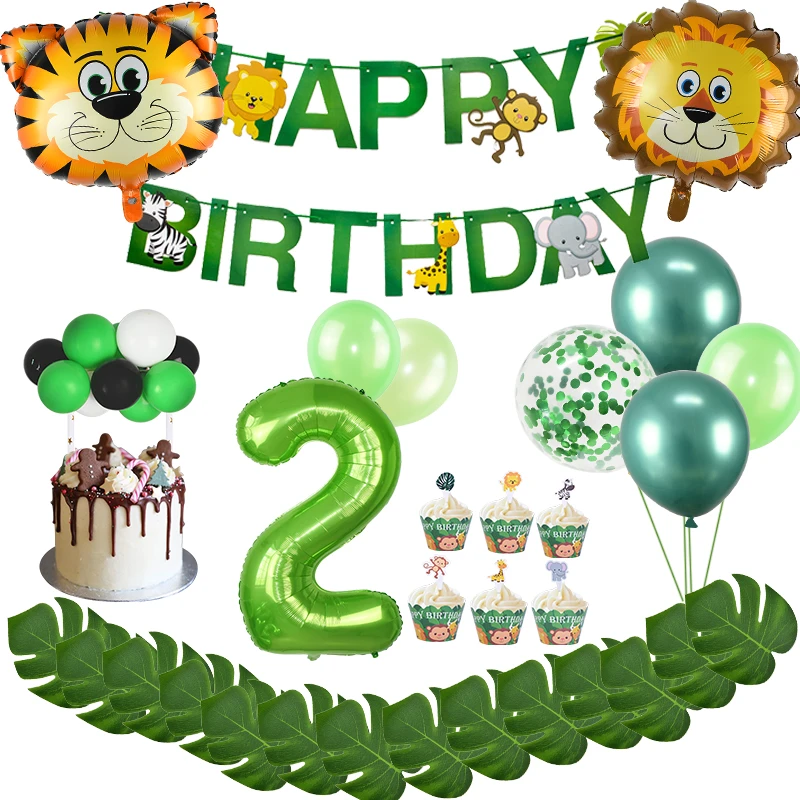 Decoration De Fete Pour 2eme Anniversaire Ballons Verts Banniere Numerique Pour Enfants De 2 Ans Fournitures De Fete D Animaux Aliexpress