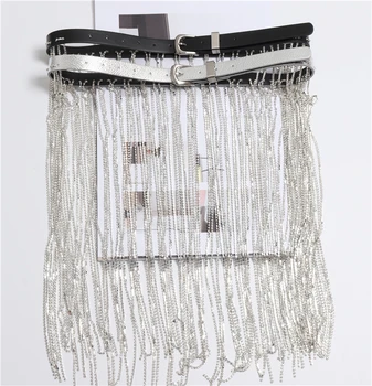 

Silver Black PU Waist Belt WIth Long Rhinestone Fringe Blingbling Large Size Waist Belt Belly Chain Ladies Dress Shirt Belt