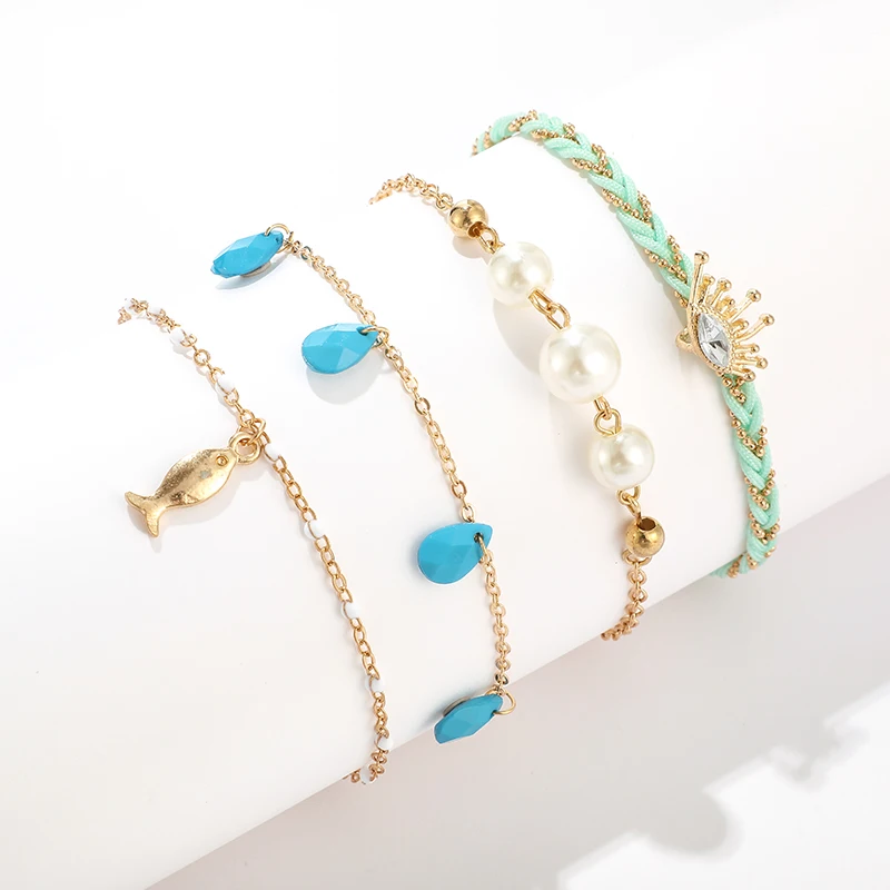 Docona 4 шт./компл. в богемном стиле с украшением в виде кристаллов для глаз с жемчужным кулоном Многослойные браслеты для Для женщин Мода веревка бусины смешанная ткань ног Ювелирные изделия 8647
