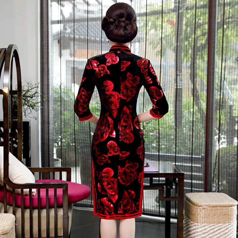 Большие размеры, L-6XL, длина до колена, Cheongsam, китайский стиль, воротник-стойка, весеннее женское велюровое платье, Qipao, тонкие платья для вечеринок, Vestido
