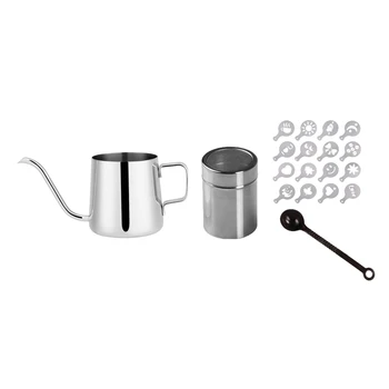 

1 Pcs 250Ml Teapot Drip Coffee Pot Long Spout & 1 Set Cafe Foam Spray Template Barista Stencils Decoration Tool