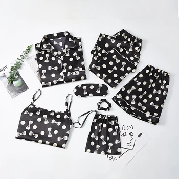 

Women's Black Sexy Hot Bow Pajamas Casual Sleepwear Set Top Women Pajama Set Shirt Shorts Lingerie Rayon Silk Homewear Big Size