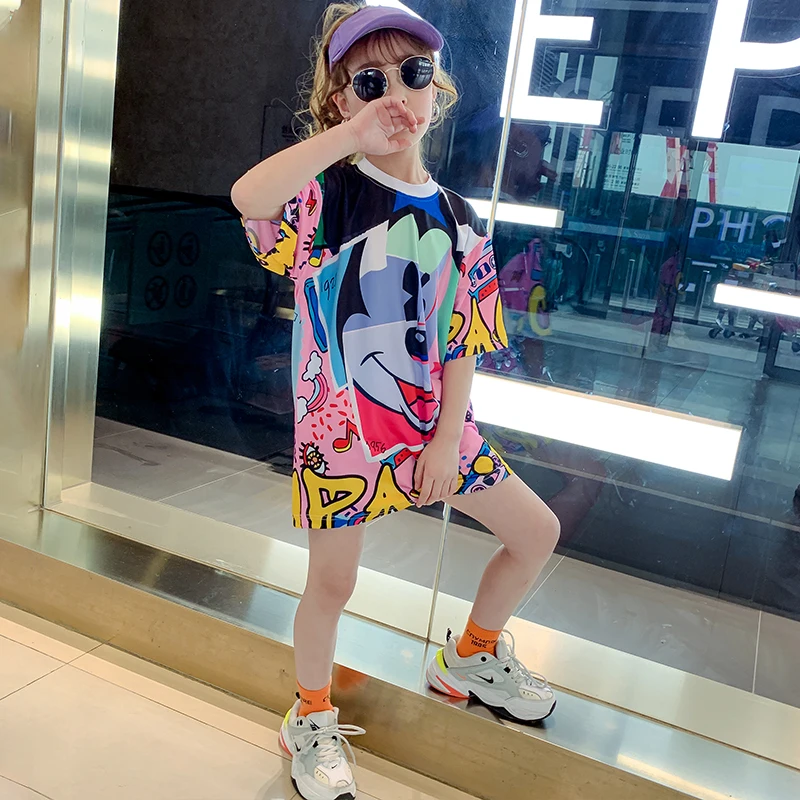 Summer girls long t shirt Baby tee dress kids dress Children vestidos streetwear clothesmickey print short sleeve 4 to 14 yrs
