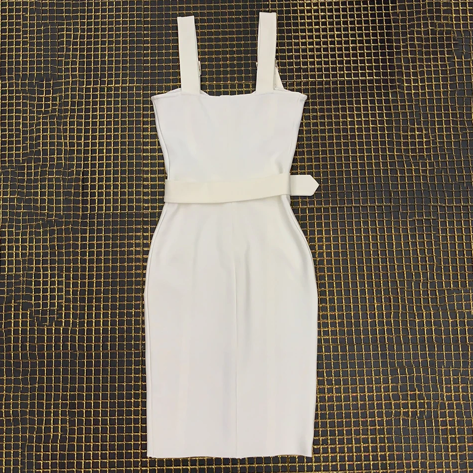 Elegant White Sleeveless Bandage Midi Dress Lady Sexy V-neck Belt Zipper Autumn Winter Bodycon Dress Women Dress Vestidos