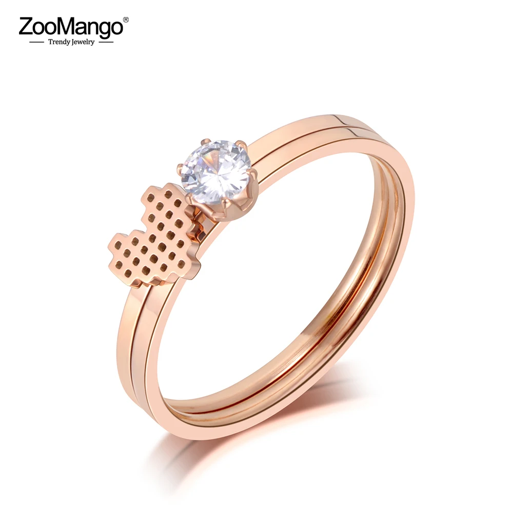 ZooMango, новинка, нержавеющая сталь, CZ Кристалл, 2 в 1, обручальное кольцо с сердцем, розовое золото, юбилейные кольца, ювелирные изделия для женщин и девочек ZR19096