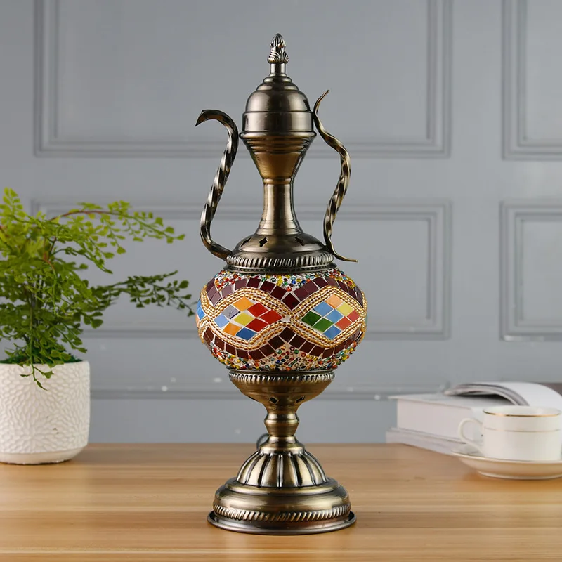 Turkish Style Exotic Retro Glass Decorative Table Lamp Coffee Pot Living Room Bedroom Bedside Led Night Light