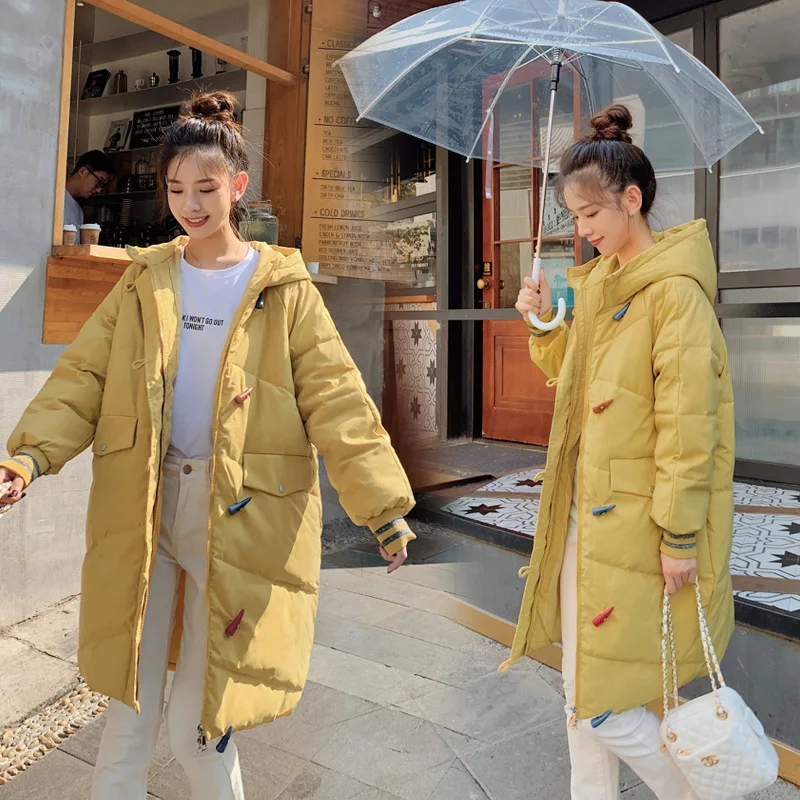

2019 New Style Korean-style Mid-length down Jacket Cotton-padded Clothes Hooded Loose-Fit Ox Horn cai kou Students Cotton-padded