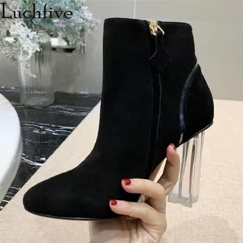 

Geometric Clear Heels Women Boots Sexy Pointy Toe Party Shoes Woman Runaway Zipper Black Ladies Shoes Botas Mujer