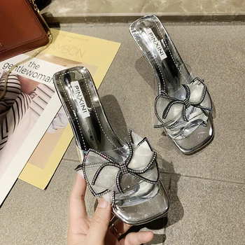 

Bow Summer Shoes Woman High Heels Slippers Transparent Peep Toe Heels Mules Lady Pumps Slides Shoes 2020