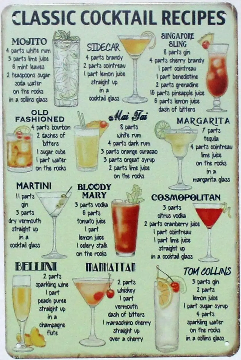 Classic Cocktail Recipes Metal Tin Sign 20 X 30cm Menu Bar Wall Decoration | Дом и сад