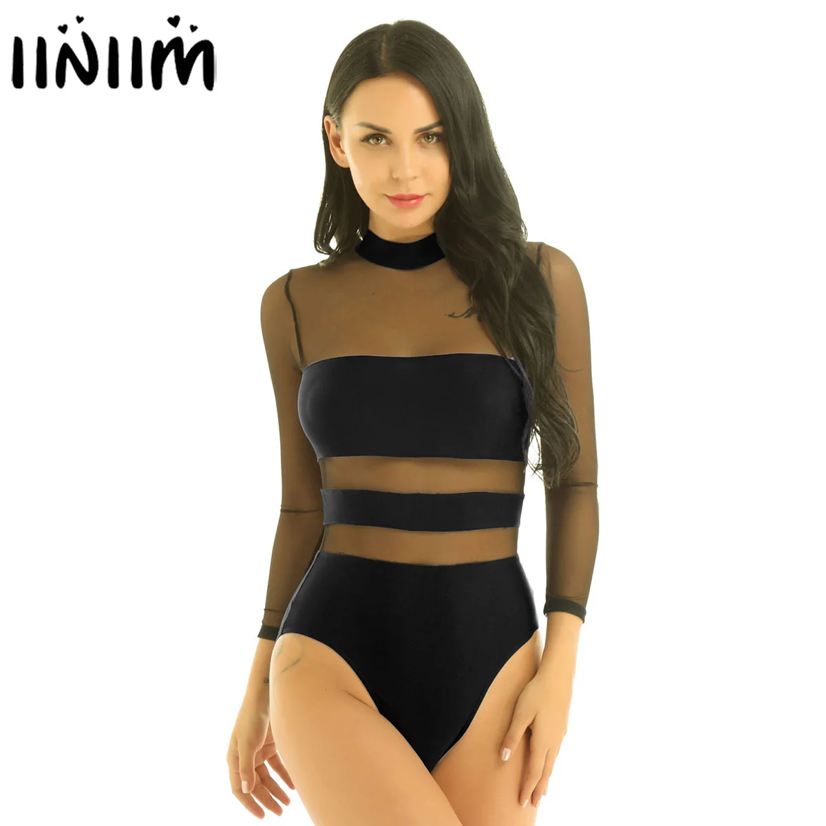 

Women Ladies Sexy See Through Mesh Splice Skinny Jumpsuit Fashion Mock Neck Keyhole Back Long Sleeve High Cut Leotard Bodysuit