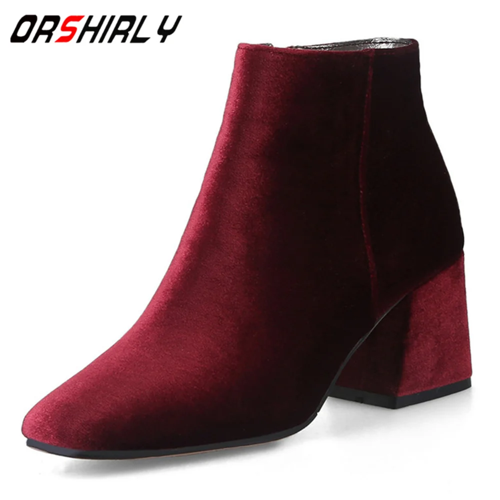 

Orshirly Flannel women ankle boots pointed toe square heel zip solid Plus size 34-48 casual fashion handmade for ladies