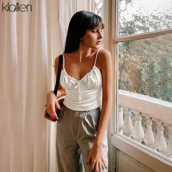 

KLALIEN sexy V neck camisole women white chiffon crop tank 2020 summer Slim Soft fashion simple Korean version college style