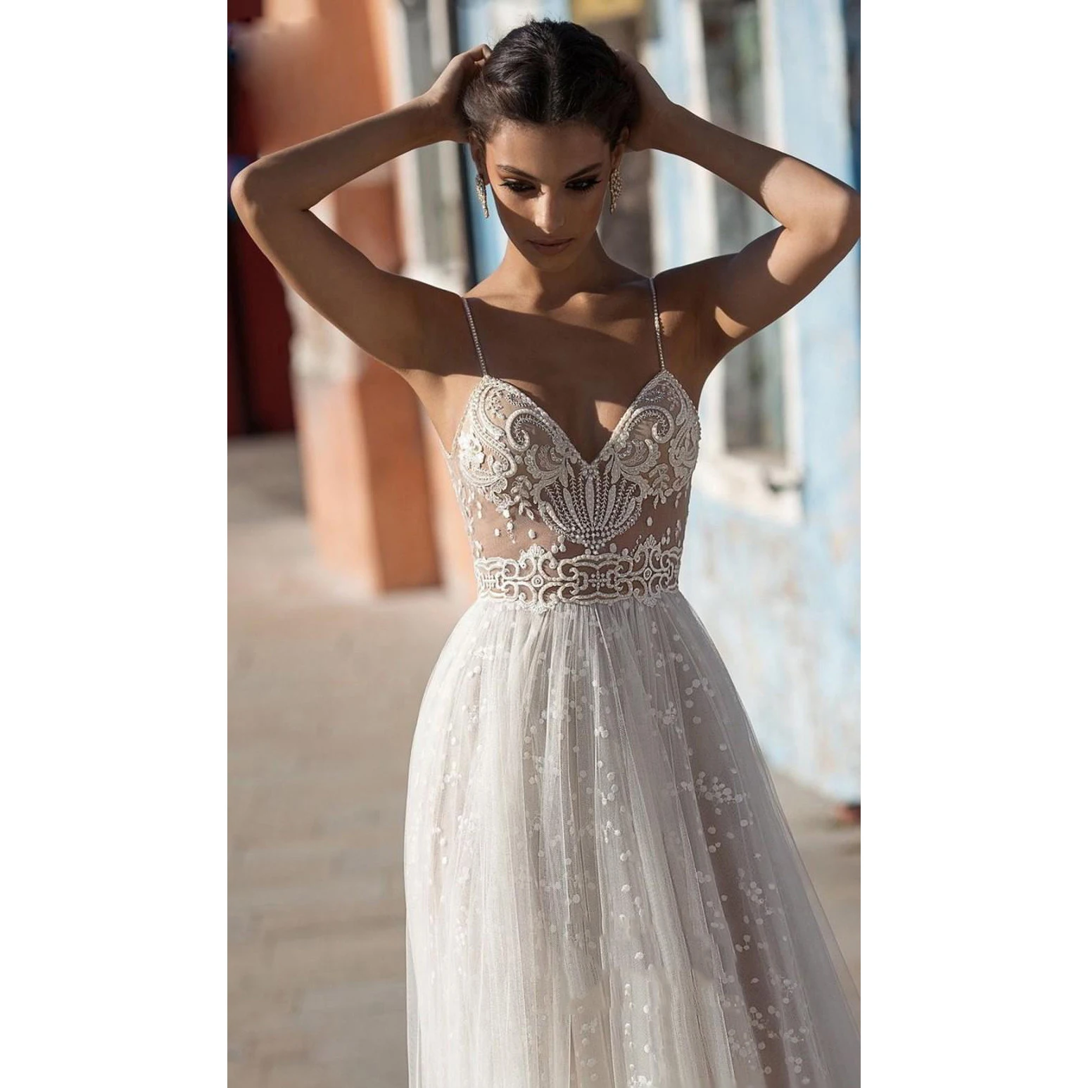 Платья с жемчугом и блестками; Vestidos Para Boda; пикантные тонкие бретельки; изящная вышивка; Иллюзия; тюль; Вентиляционное платье; пляжные свадебные платья