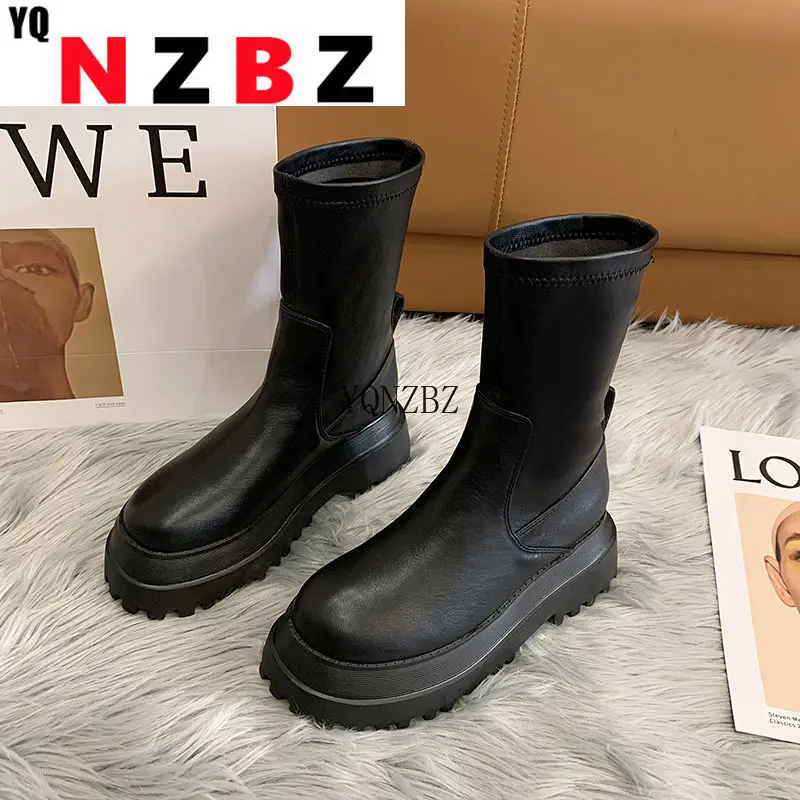 Botas largas con plataforma para mujer, botines cálidos de cuero negro,  2022|Botas a media pantorrilla| - AliExpress
