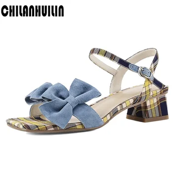 

new fashion check cloth sweet bow-tie women's sandals summer shoes leather gladiator sandals women high heels party shoes woman