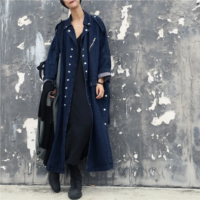 

Korean-style Loose-Fit Single-Breasted Long WOMEN'S Windbreaker Blue Versatile Washing Jeans Coat Women's Autumn And Winter Fash