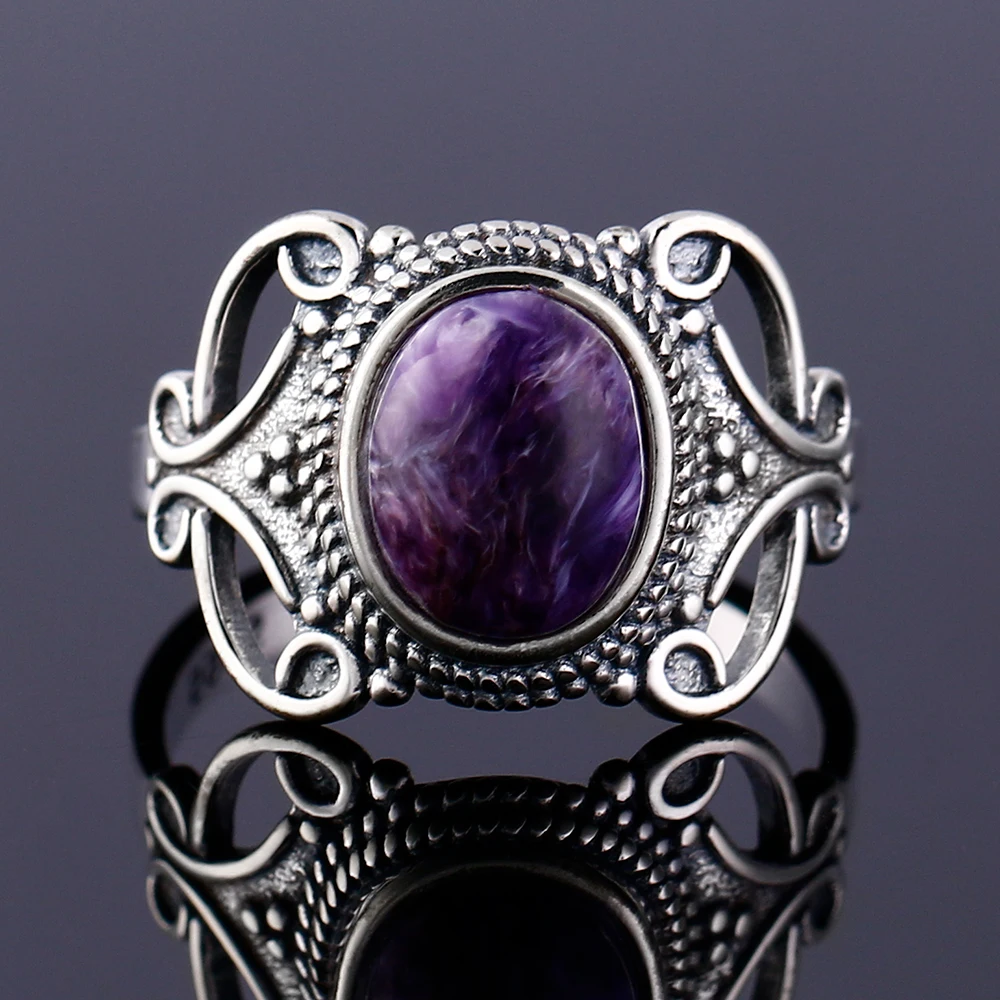 925 Silver Ring Oval 8 * 10MM Natural Moonstone and Natural Purple Dragon Crystal Vintage Wreath Engagement Wedding Party Gift