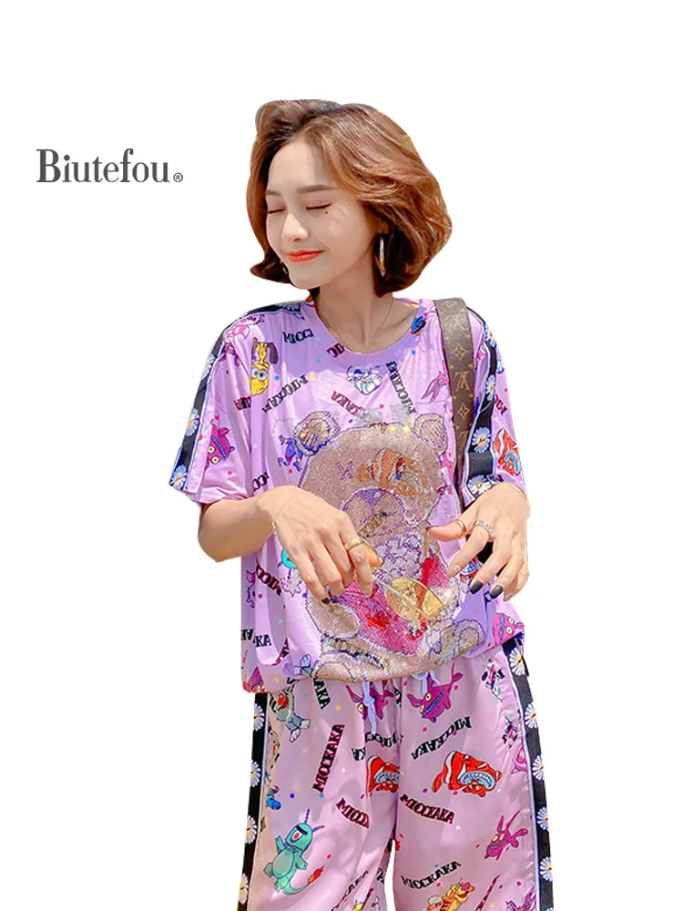 

2020 Summer sequined women's suits cartoon print t-shirt+fashion Shorts