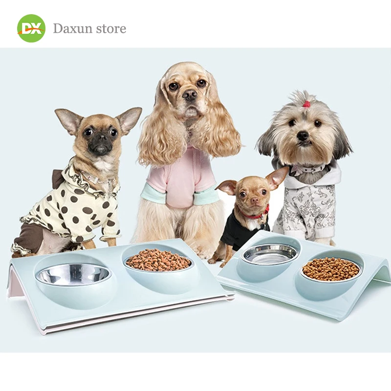 

Pet Feeder Bowl Stainless Steel Food dog Double Bowl dog solid color Dog Drinking Dishes Solution for Dogs Cats supplies