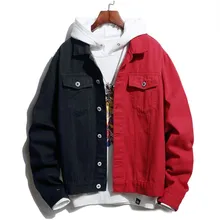 Fashion Patchwork Denim Jacket Men Spring Autumn Cotton Casual Jean Jackets Men Streetwear Black Red Hip Hop Denim Outwear Coat